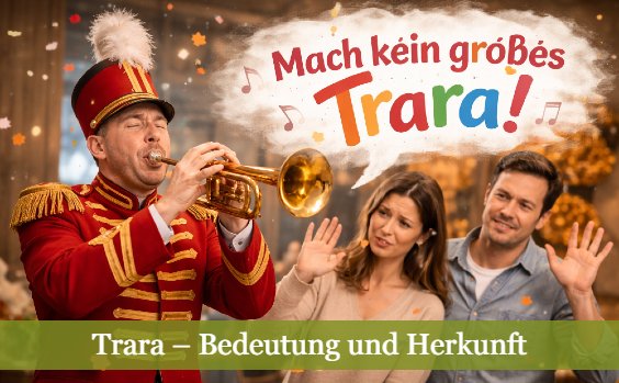 Ein Trompeter in Festumzugsuniform trompetet laut, ein junges Paar hebt abwehrend die Hand. Text: Trara – Bedeutung und Herkunft