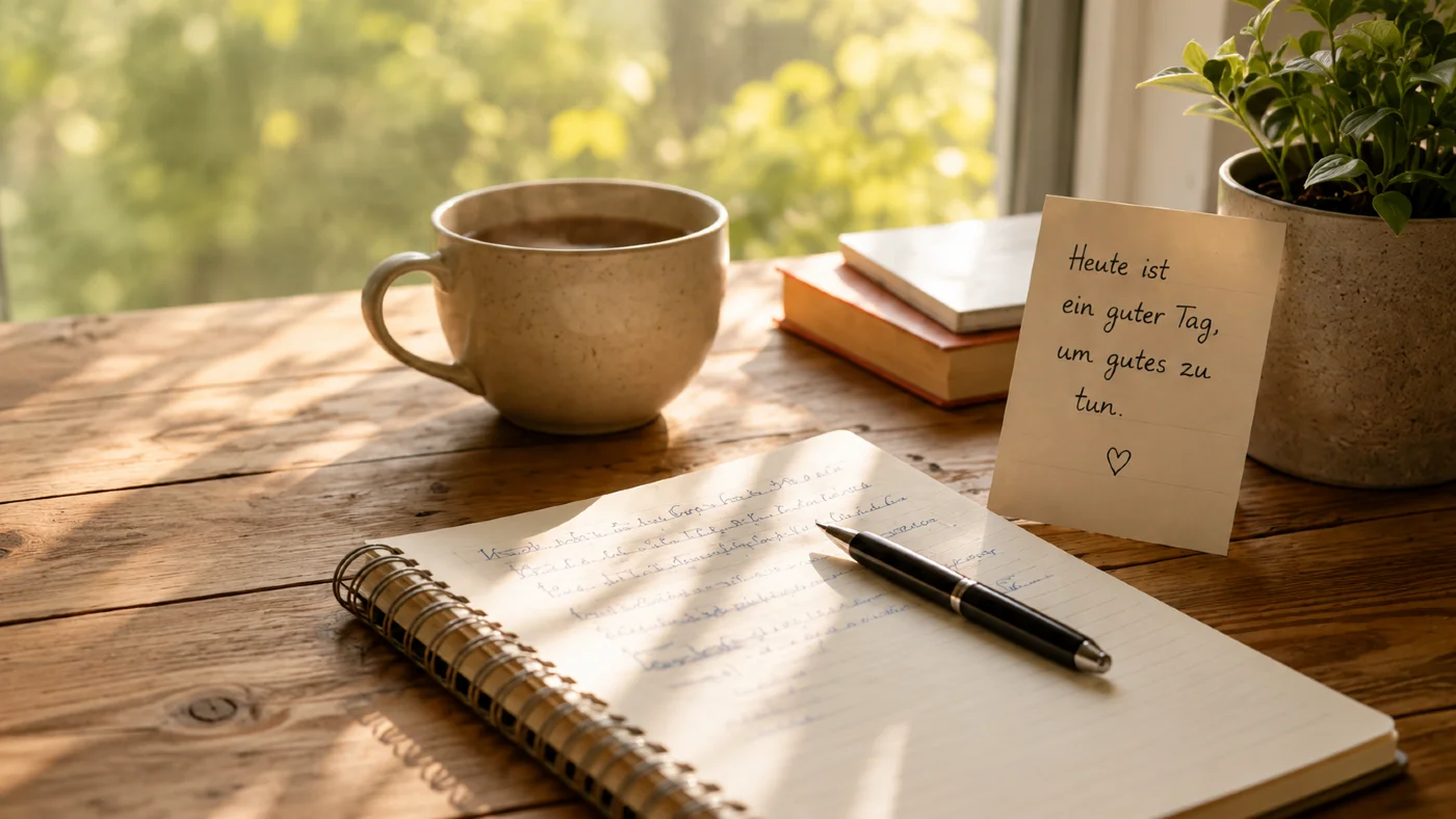 Kaffeetasse, Notizbuch und Stift im warmen Morgenlicht